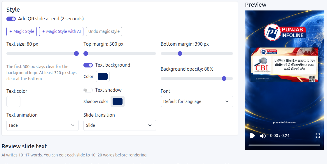 Reel styling controls for text, transitions and an optional AI style suggestion beside a video preview