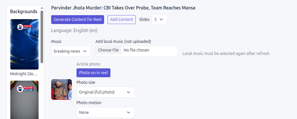 Reel editor showing background choices, slide generation, music selection and an optional article photo